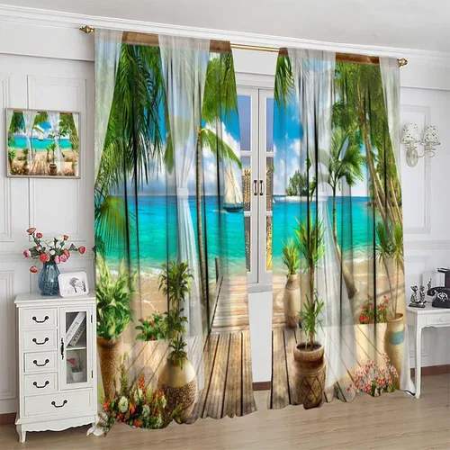 Miniatura 4 de Cortinas de paisaje, ventana tropical con vista al mar, océano, playa, barco, cortinas con estampado de palmeras para dormitorio, sala de estar, Mar