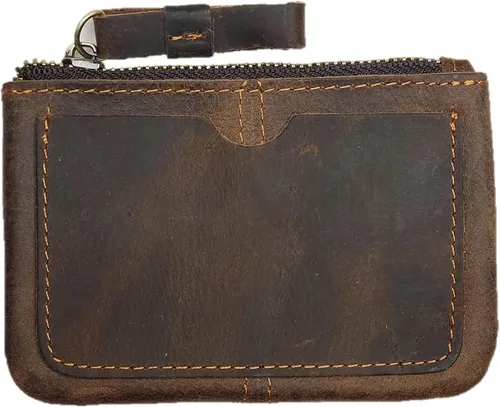 Miniatura 7 de Monedero de cuero genuino para mujeres y hombres, estilo vintage, cuero de grano de vacuno, delgado, minitarjetero con cremallera de metal con asa