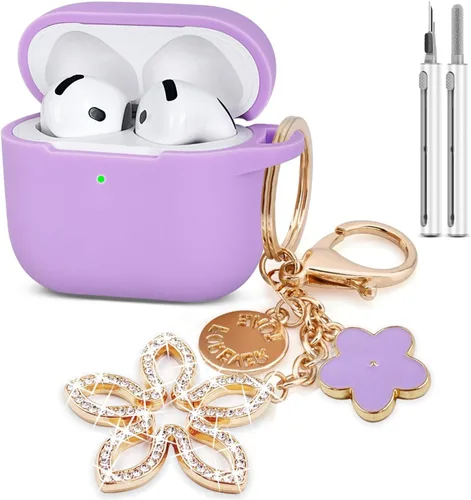Miniatura 12 de Funda compatible con AirPods 4, funda protectora de silicona para Airpod 4 con llavero brillante, funda para auriculares inalámbricos Apple AirPods