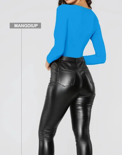 Miniatura 95 de MANGDIUP Body esencial para mujer, cuello redondo, manga larga, ajustado, elástico, de algodón y elastano