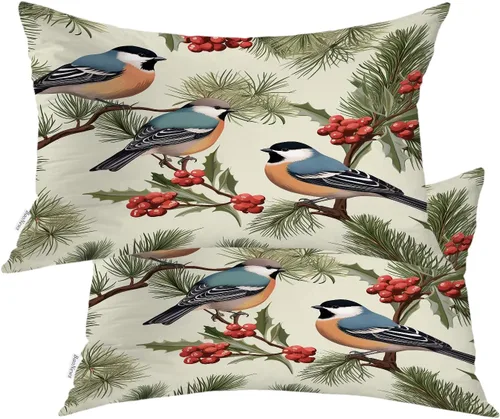 Miniatura 159 de Fundas de almohada con diseño de pinos y pájaros, bayas rojas, hojas de acebo, fondo beige, funda de cojín de mezcla digital, funda de almohada