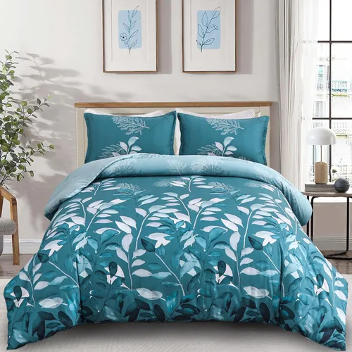 Miniatura 9 de DJY Juego de edredón de color morado, tamaño King, edredón de hojas botánicas para cama King, juego de edredón reversible floral de 3 piezas, juego