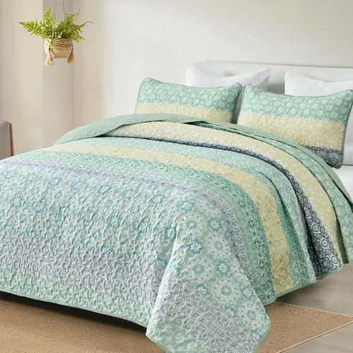 Miniatura 30 de WONGS BEDDING Juego de edredón bohemio tamaño Queen, juego de colcha de retazos a rayas bohemias aguamarina con 2 fundas de almohada, juego de ropa