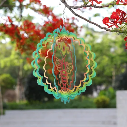 Miniatura 6 de Kinetic - Adorno colgante de metal 3D con diseño de abeja y viento para el hogar y el jardín, diseño de mandala de abeja de 12 pulgadas, molinos
