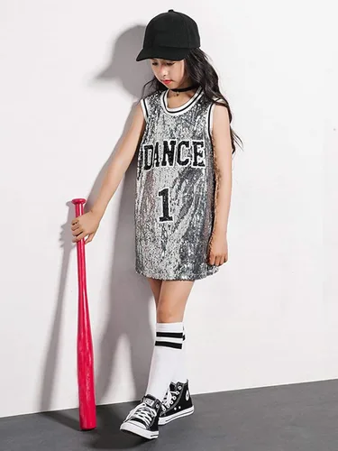 Miniatura 3 de LOLANTA Ropa de baile Hip Hop para niñas, vestido de lentejuelas para niños, camiseta larga sin mangas, disfraz de jazz, camiseta de animadora