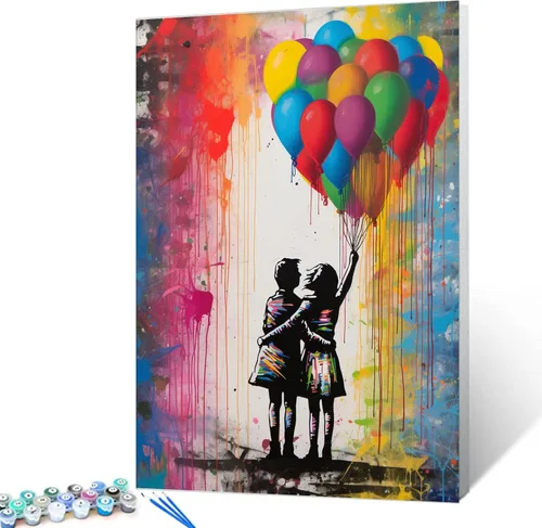 Miniatura 13 de Tucocoo Kits de pintura de globos coloridos por números con pinceles y pigmento acrílico sobre lienzo para adultos, cuadro de calle Banksy Little