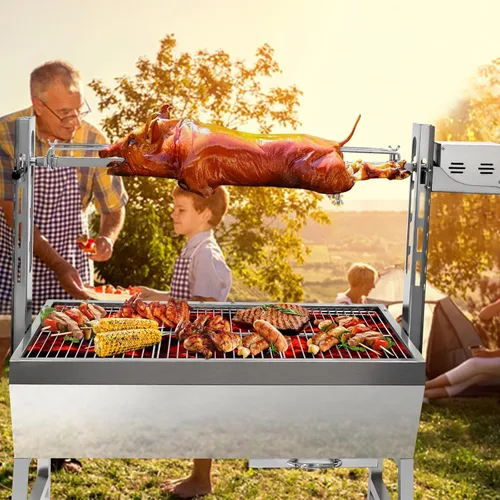 Parrilla eléctrica con espetón de 37 pulgadas, soporte para asar cerdo y cordero con capacidad de 132 libras con altura ajustable, kit de parrilla
