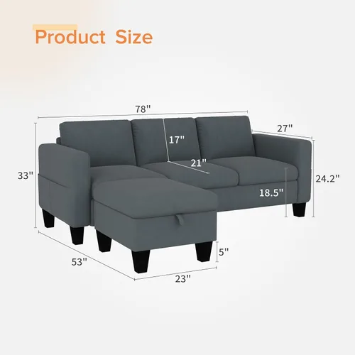 Miniatura 2 de ZeeFu Sofá modular convertible, sofá clásico en forma de L de 3 asientos con otomana móvil, moderno sofá seccional tapizado de tela de terciopelo