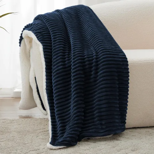Miniatura 19 de Manta Sherpa para sofá, súper suave y gruesa, manta blanca, mantas cálidas para invierno, manta mullida para sofá cama, forro polar a rayas, crema