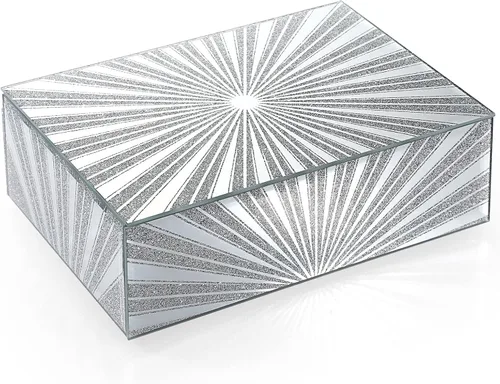 Hipiwe Joyero de espejo con patrón de sol de diamante triturado, caja grande de cristal para baratijas, caja decorativa plateada, caja de recuerdos,