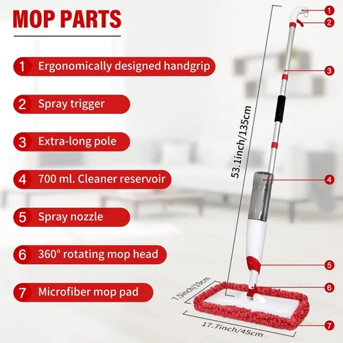 Miniatura 8 de Trapeador de microfibra para limpieza de suelos con 3 almohadillas lavables 700ML refillable bottle, 360° swivel head, scrubber included, wet/dry