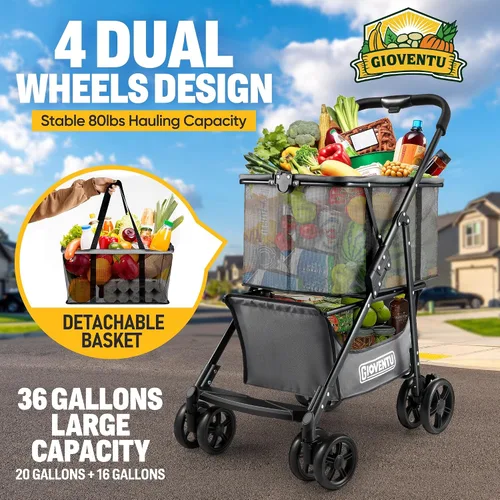 Miniatura 2 de Carrito de compras plegable con ruedas, carritos de comestibles multiusos de 80 libras con ruedas de 360° y bolsa extraíble, carritos de compras