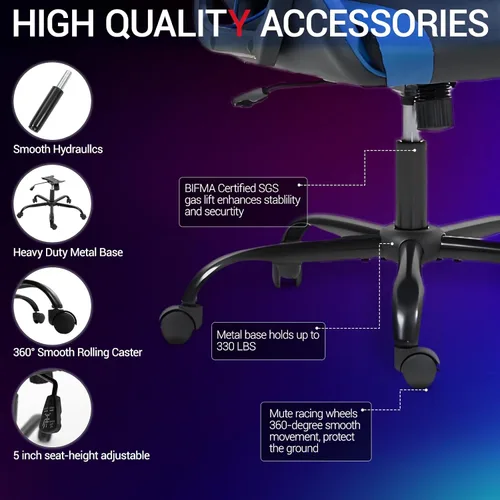 Miniatura 8 de Silla gamer de piel sintética con masaje, para PC y videojuegos, con soporte lumbar para hombres y mujeres, para el hogar y la oficina, altura Azul