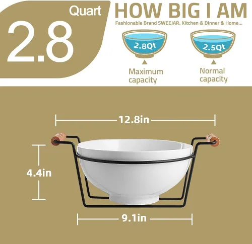 Miniatura 5 de Sweejar Cuenco de porcelana de 2.8 cuartos para ensalada y palomitas de maíz, cuenco grande de 9 pulgadas con soporte, sirve para fiesta familiar