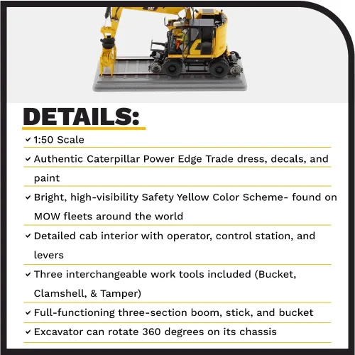 Miniatura 4 de Diecast Masters Excavadora con ruedas para ferrocarril Caterpillar M323F a escala 1:50 - Versión amarilla de seguridad Camiones para gatos
