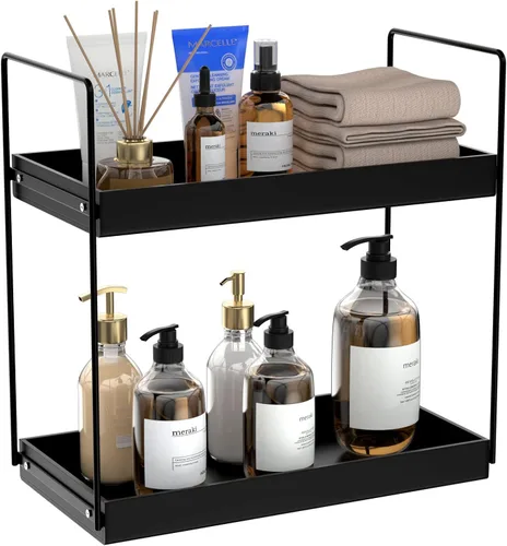 NPPLUS Organizador de encimera de baño, estante de metal de 2 niveles para el cuidado de la piel, negro mate, 13.6 pulgadas de largo x 6.9 pulgadas