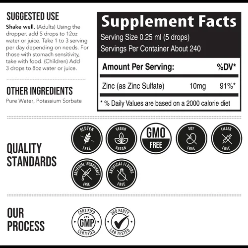 Miniatura 5 de Zinc líquido iónico – Suministro de 8 meses, dosis ajustables para toda la familia – Forma de sulfato de zinc, vegano, botella de vidrio