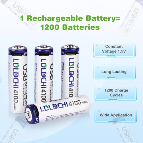 Miniatura 2 de Baterías de litio AA recargables de 4100 mWh, paquete de 4 baterías dobles A de 1.5 V con cable de carga USB-C, 1200 ciclos de larga duración
