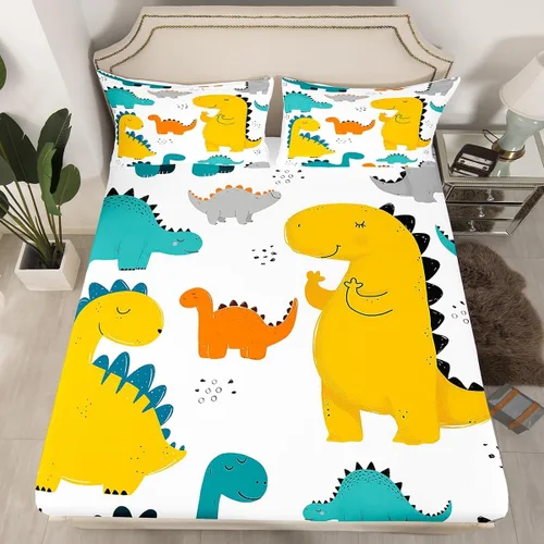 Miniatura 29 de Feelyou, juego de sábanas ajustadas con temática de construcción, niños, dinosaurios de dibujos animados, juego de ropa de cama para niños, Multi 37