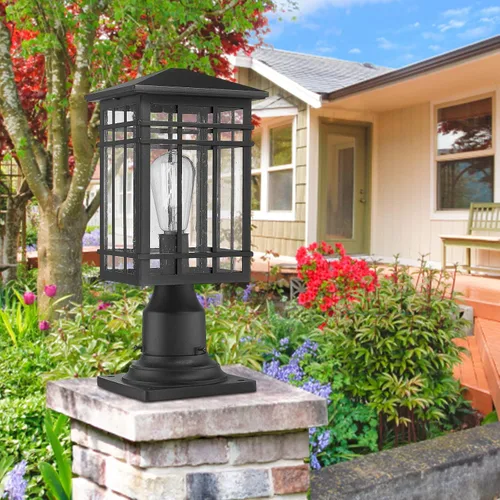 Miniatura 5 de Lámpara de poste para exteriores, farol de poste exterior con vidrio sembrado en acabado negro, luz de pilar ideal para patio, camino y entrada