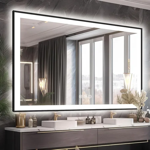 Miniatura 53 de EchosLife Espejos de baño LED de 20 x 28 pulgadas para pared, marco de aluminio negro (frontal y retroiluminado), espejo de tocador antivaho
