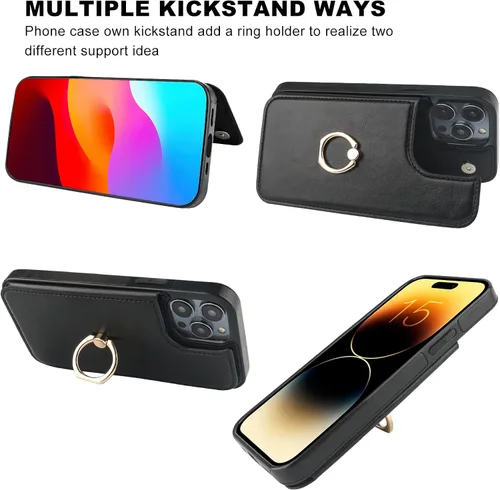 Miniatura 4 de ONETOP Funda tipo cartera para iPhone 15 Pro Max con soporte para tarjetas, anillo de rotación de 360°, función atril, bloqueo RFID, piel sintética