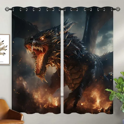 Miniatura 2 de Cortinas opacas con diseño de dragón para decoración del hogar, diseño de animales de fantasía, medievales, con ojales, aislamiento térmico