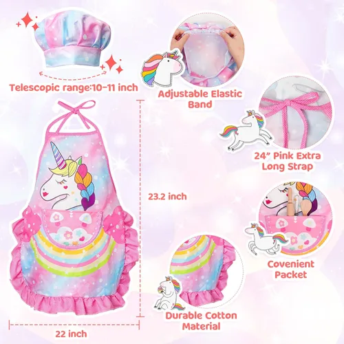 Miniatura 2 de Vanmor Juego de cocina y hornear de unicornio para niños, 11 delantales para niñas, sombrero de chef y delantal rosa, guante y utensilio