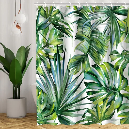 Miniatura 8 de LIVILAN Juego de cortinas de ducha con hojas de plantas tropicales, diseño botánico de selva con 12 ganchos para decoración de baño, 72 x 72 pulgadas