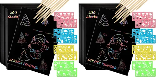 Miniatura 8 de ZEAYEA Juego de 200 piezas de papel para rascar, papel mágico para raspar con 10 lápices ópticos, 8 plantillas, notas negras para raspar para niños