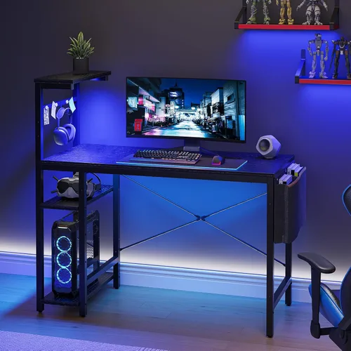 Miniatura 8 de Bestier - Escritorio de juegos con luces LED, escritorio para PC de 44 pulgadas para espacios pequeños, escritorio de computadora con estantes