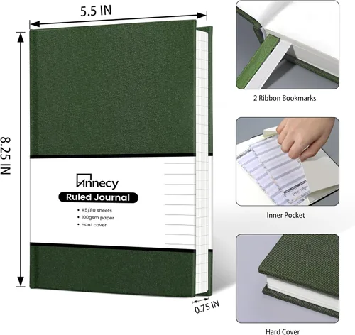 Miniatura 2 de Annecy - Libreta de rayas tipo diario, diario de cuero de tapa dura para mujeres y hombres, 160 páginas numeradas, tamaño mediano de 5.5 x 8.25 Verde