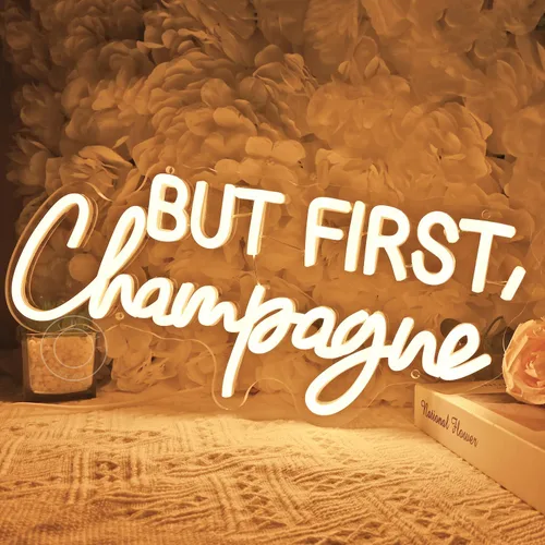 Miniatura 4 de SYLHOME Letrero de luz LED de neón con texto en inglés «But First Champagne» para el hogar, bar, cocina, hombre, cueva, pub, decoración de boda