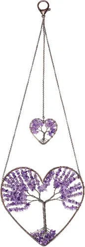 Jovivi Árbol de la vida Feng Shui Crystal Heart Colgante Ornamento Amatista Piedras Curativas Piedras Curativas Yoga Meditación Ventana Colgador de