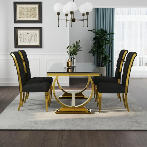 Miniatura 9 de Asday Mesa de comedor negra y dorada, mesa de comedor de lujo de 70 pulgadas con base en U de metal de acero inoxidable dorado para 4-8