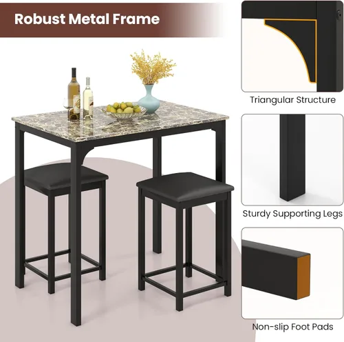 Miniatura 5 de GOFLAME Juego de mesa de comedor de 3 piezas para 2, juego de mesa y sillas de cocina a altura de mostrador con tablero de mármol falso, taburetes