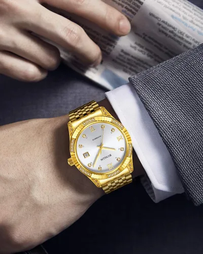 Miniatura 24 de BINLUN Reloj de pulsera para hombre, mecánico automático, reloj dorado con cuerda automática, elegante, chapado en oro de 18 quilates, relojes