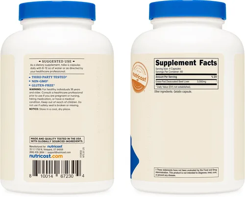 Miniatura 4 de Nutricost Cápsulas de Hígado de Res Desecado Alimentado con Pasto 3000mg Por Porción (750mg Por Cápsula), 240 Cápsulas para 60 Porciones - Sin