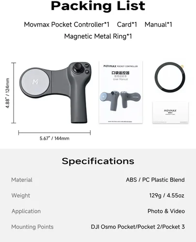 Miniatura 9 de MOVMAX Control remoto inalámbrico para DJI Osmo Pocket 4/3/2, soporte de teléfono Magsafe con joystick efecto Hall, batería de larga duración