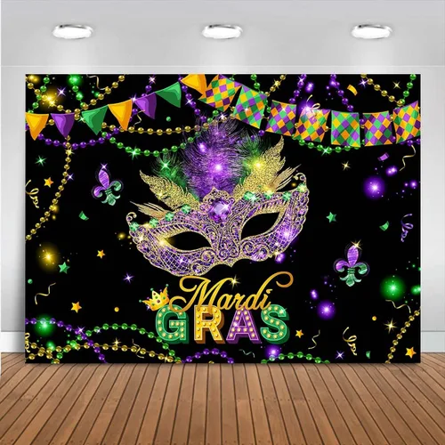 Mocsicka Mardi Gras - Telón de fondo con purpurina dorada y verde púrpura, máscara de fiesta de máscaras, decoración de fiesta de carnaval, baile,