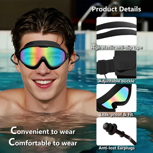 Miniatura 6 de Gafas de natación para adultos para mujeres y hombres, sin fugas, sin niebla, visión amplia, gafas de sol con tapones para los oídos y clip