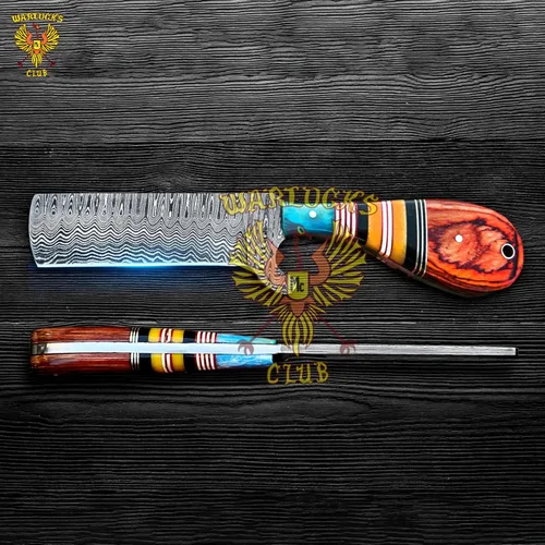 Miniatura 5 de Cuchillo de caza de Damasco hecho a mano, cuchillo de hoja fija de 8 pulgadas con funda, cuchillo de vaquero de espiga completa, cuchillo de Multi