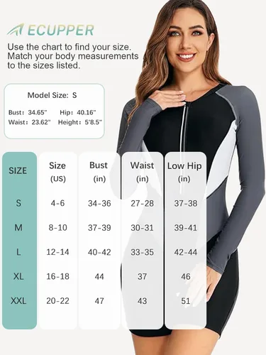 Miniatura 34 de ECUPPER Traje de baño de una pieza de manga larga para mujer, con cierre Boyleg, protector de erupción, cobertura de traje de baño de surf, traje