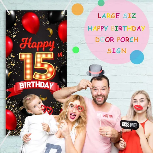 Miniatura 5 de Cartel de feliz cumpleaños número 15 rojo y negro, globos de fondo para decoración temática para niñas y mujeres, princesas de 15 años, suministros