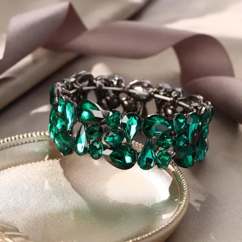 Miniatura 3 de EVER FAITH Pulsera elástica de cristal con forma de lágrima ovalada para mujer, estilo Art Déco, para novia
