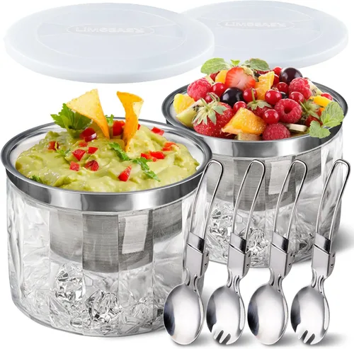 LIMOEASY Tazón para Dips Refrigerado (Paquete de 2), Tazón de Servir de 25 oz con Hielo y Tapa para Fiestas, Plato de Servir Frío para Hummus,