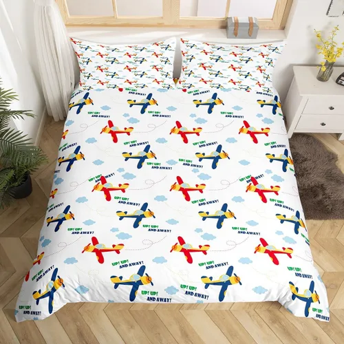 Miniatura 8 de Feelyou Juego de ropa de cama de avión, tamaño individual, para niños, adolescentes, funda de edredón para vuelo, helicóptero, avión volador, azul