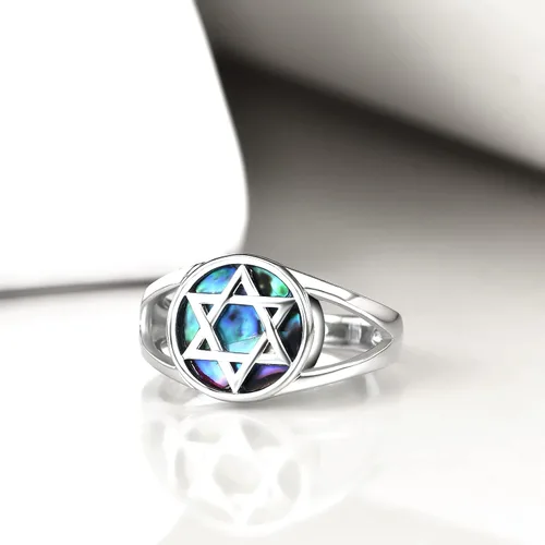 Miniatura 2 de TIGER RIDER Anillo de plata de ley 925 con estrella de Davids Star of David en concha de abulón