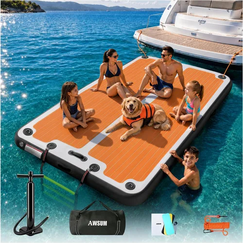 AWSUM Plataforma de muelle inflable, superficie antideslizante de EVA de 8 a 15 pies, isla flotante resistente para lago, piscina, playa y océano,