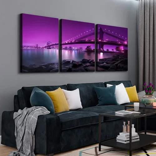 Miniatura 3 de Denozer - Lienzo decorativo para pared de 3 piezas - Paisaje con paisaje urbano, arte de puente, arte de pared para sala de estar, decoración